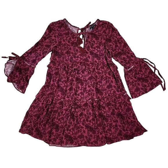 American Eagle Dress Medium Bell Sleeves Maroon Floral Boho Hippie V Neck Tiered - Picture 1 of 6